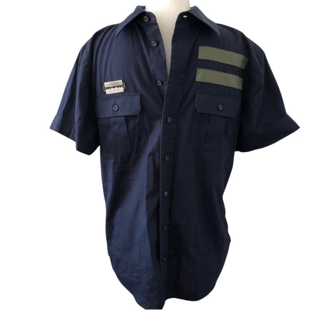Rock & Republic Button Down Short Sleeve Metal Logo Navy Blue SZ Med Unique